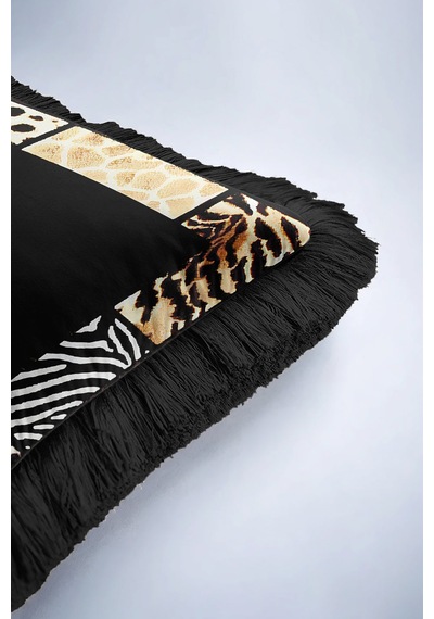 Safari Patchwork Saçaklı Yastık Kılıfı-lüks Afrika Bohem Siyah Altın Renkli Püsküllü Kırlent Kılıfı Tozlu Zeytin