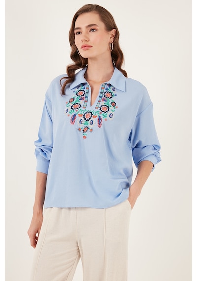 Lela Pamuklu Regular Fit Nakış Işlemeli Bayan Bluz 611Bz0181 Mavi