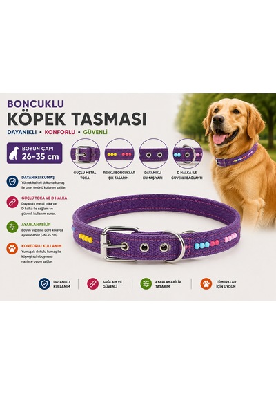 Boncuklu Köpek Boyun Tasması 26-35 Cm Küçük Irk Ayarlanabilir Metal Tokalı D Halkalı - Mor Çok Renkli