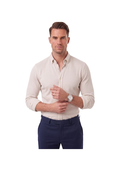 Deepsea Erkek %97 Pamuk Slim Fit Dar Kesim Petek Dokulu Likralı Örme Bej Gömlek 2600707