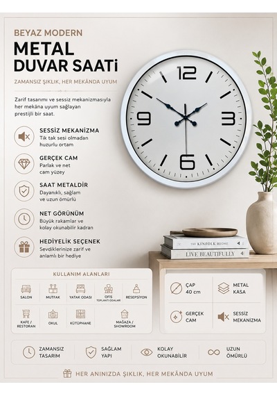40 Cm Beyaz Metal Modern Duvar Saati 11529050
