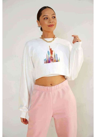Watercolor Statue Of Liberty Baskılı Crop Kadın Beyaz Sweatshirt