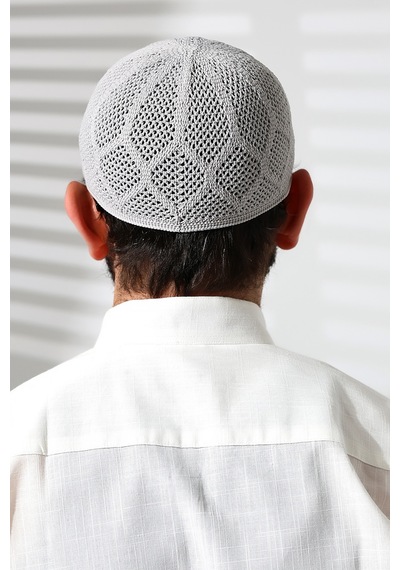 Makine Örgüsü Dantel Detaylı Namaz Takkesi Gri Gri
