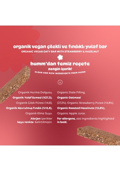 Hummorganic Organik Vegan Çilekli ve Fındıklı Yulaf Bar - 6 adet