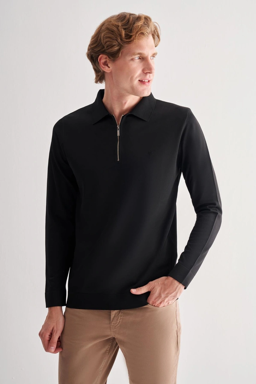 Siyah Uzun Kol Fermuarlı Yaka Cepsiz Slim Fit Triko 1012255150 Siyah
