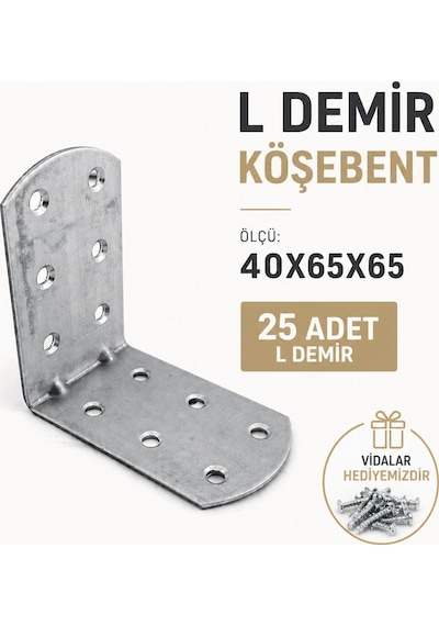L Demir Köşebent 40x65x65 Mm Oval Başlı 25 Adet Set Dayanıklı Bağlantı Mobilya Raf Aparatı 2 Adet Beyaz Kapı Stoperi Model