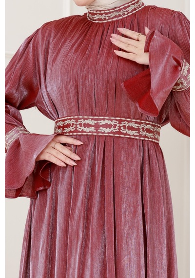 Kolu Volanlı Nakış Detaylı Abiye-bordo-4959