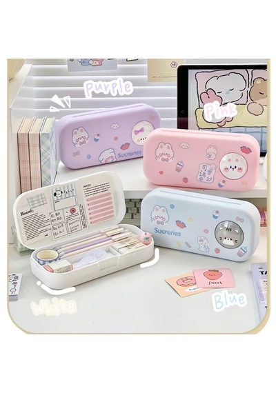 Sevimli Kawaii Figürlü Kalem Kutusu Çok Bölmeli Çift Katlı Büyük Kapasiteli Kalem Kutusu Sticker'lı Kalem Kutusu Sticker Yapıştırılabilir Kalemlik Sticker Kalemlik Pembe