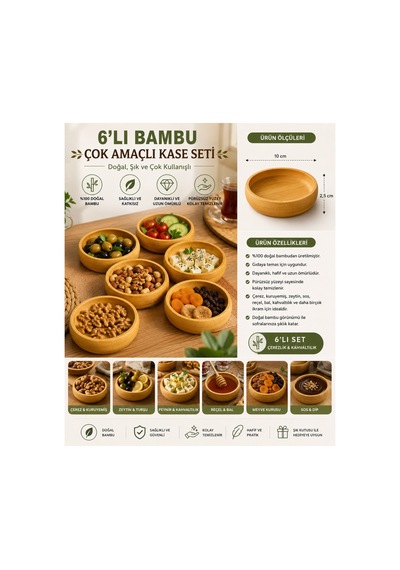 6 Lı Bambu Çerezlik Seti Doğal Ahşap Kuruyemiş Ve Atıştırmalık Sunum Kasesi