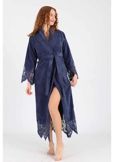 Dantelli Bambu Cotton Triga Bornoz Koyu Mavi