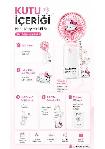 Hello Kitty Mini El Fanı Taşınabilir Usb Şarjlı Sessiz Masa Ve El Tipi Vantilatör Pembe