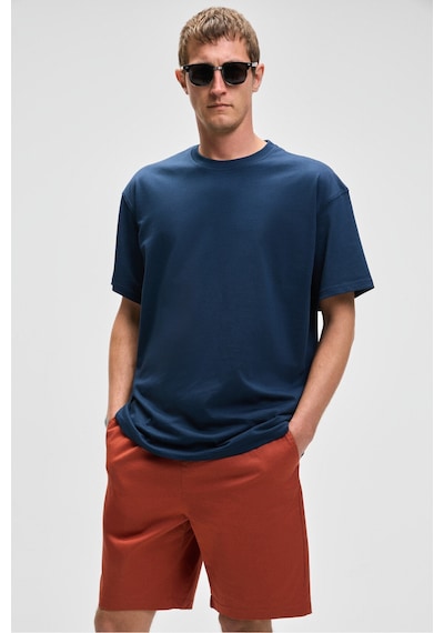 Grımelange FEON Erkek Oversize Geniş Kesim %100 Organik Pamuk Kalın Dokulu Yuvarlak Yaka Lacivert T-Shirt