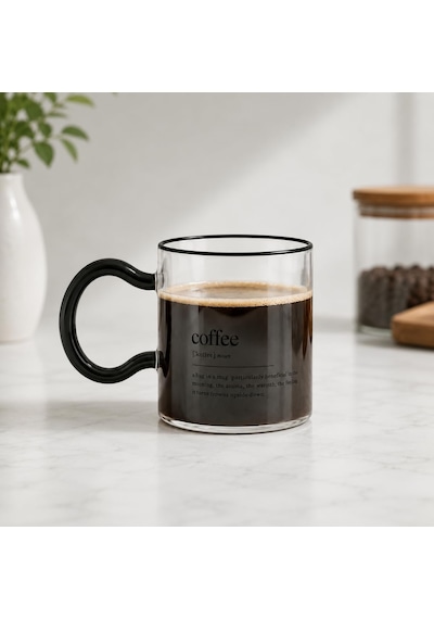 Coffee Yazılı Cam Kupa, Siyah Kulplu Şeffaf Kahve Bardağı, Çay Latte Ve Sıcak Soğuk İçecekler İçin Modern Cam Bardak 6998