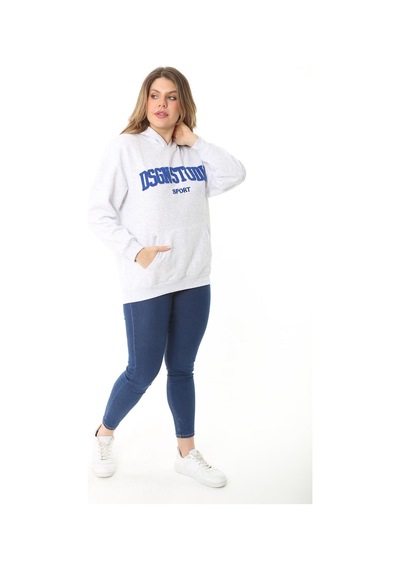 Şans Kadın Büyük Beden Gri İçi Şardonlu 3 İplik Nakış Detaylı Kapşonlu Sweatshirt 65n37126-gri Gri