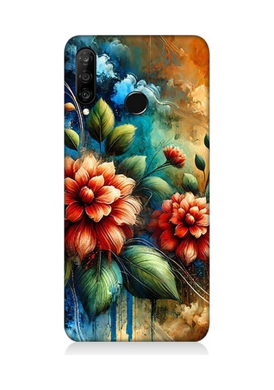 Huawei P30 Lite Uyumlu Kırmızı Çiçek Ve Tomurcuklar Desenli Silikon Kılıf Çok Renkli