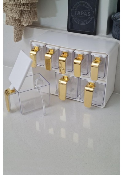 Herevin Sekizli Standlı Baharatlık Seti Gold Kulplu Beyaz Kapak 161280-821 Beyaz - Gold