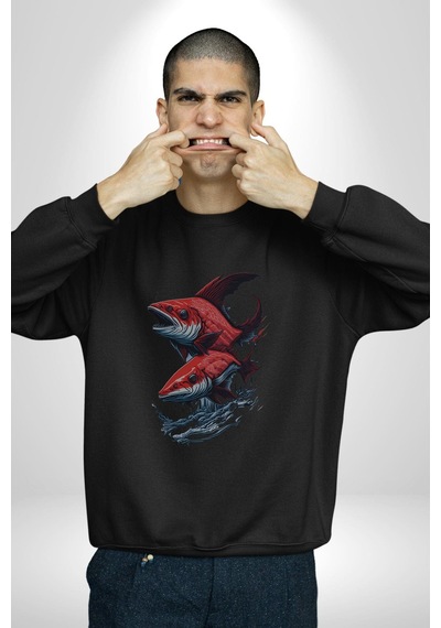 Kırmızı Japon Balığı Unisex Siyah Baskılı Sweatshirt Siyah