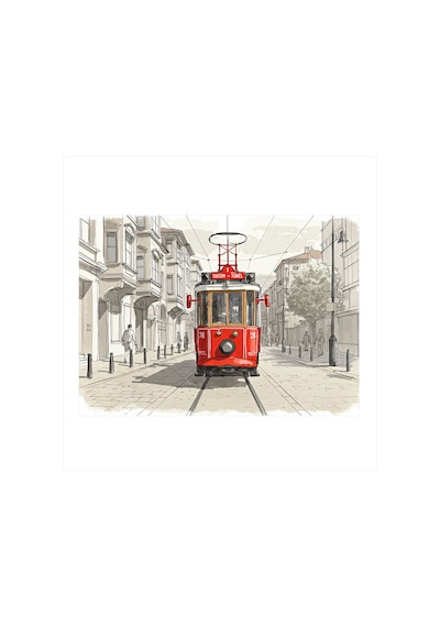 Eski Tarz Kırmızı Tramvay Desenli Ahşap Tablo