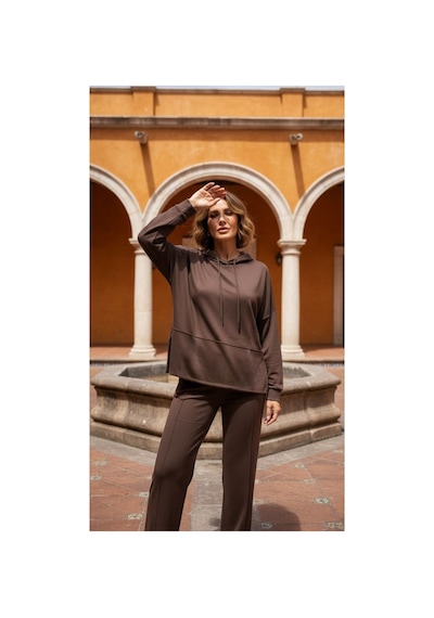 Moda Banuş Kapüşonlu Modal Kumaş Boru Paça Kahverengi Oversize Eşofman Takımı