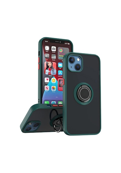 Apple Uyumlu iPhone 15 Kılıf Yüzüklü Standlı Extra Darbe Koruma Sert Silikon Kapak - Yeşil Yeşil