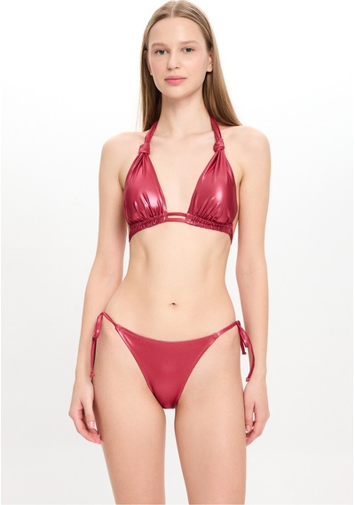 Toosalty Kadın Deri Görünümlü Çift Spagettili Geniş Üçgen Bikini Takımı 25sw019st Bordo