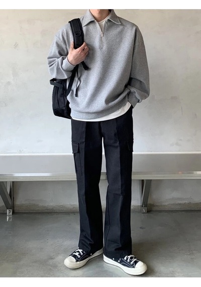 Genius Store Erkek Polo Yaka Oversize Yarım Fermuar Sweatshirt Gri