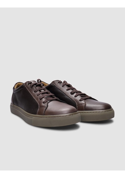 %100 Hakiki Deri Kahverengi Bağcıklı Erkek Sneaker-kahverengi Kahverengi