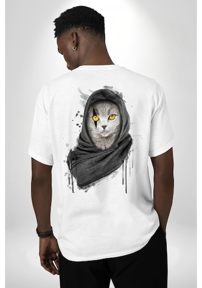 Safari Kedi Şal Eşarp Beyaz Oversize Unisex Ön Ve Sırt Baskılı Tişört Beyaz