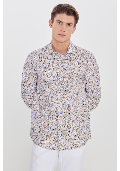 AC&Co / Altınyıldız Classics Erkek Beyaz Sarı Pamuklu Slim Fit Dar Kesim Büyük İtalyan Yaka Baskılı Gömlek Beyaz Sarı
