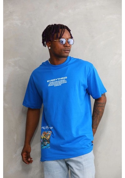 Erkek Bisiklet Yaka Baskılı Oversize T-shirt - Mavi