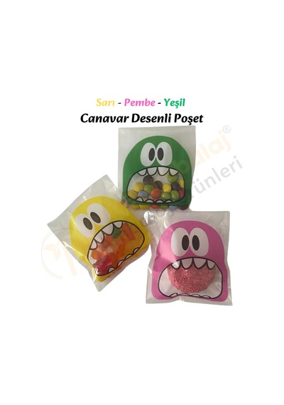 50 Adet Sarı-pembe-yeşil Renkli Canavar Desenli Cake Pop & Kurabiye Poşeti-10x15 Cm