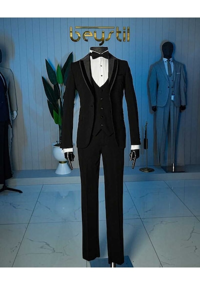 Bys Beystil Erkek Siyah Şal Yaka Damatlık Ve Smokin Takım - Slim Fit