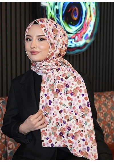 Çiçek Desen Beyaz Soft Pamuk Şal Saks Açik Gri
