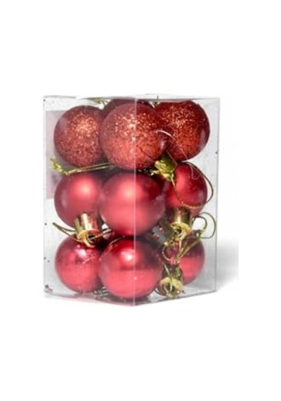 12'li Kırmızı Yılbaşı Topu Seti, 3 Cm, Noel Ağacı Süsleri