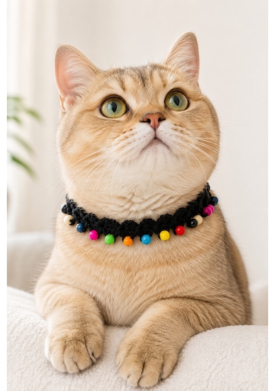 El Örgüsü Kedi Tasması Renkli Boncuklu Siyah El Yapımı Ayarlanabilir Kedi Boyun Aksesuarı