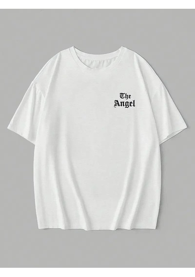 Kadın Kısa Kol Tişört Bisiklet Yaka Angel Melek Kanadı Baskılı T-shirt - Beyaz