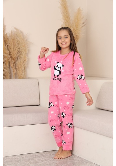 Miniğimin Cicileri Panda Desenli Welsoft Kız Çocuk Pijama Tak... Pembe