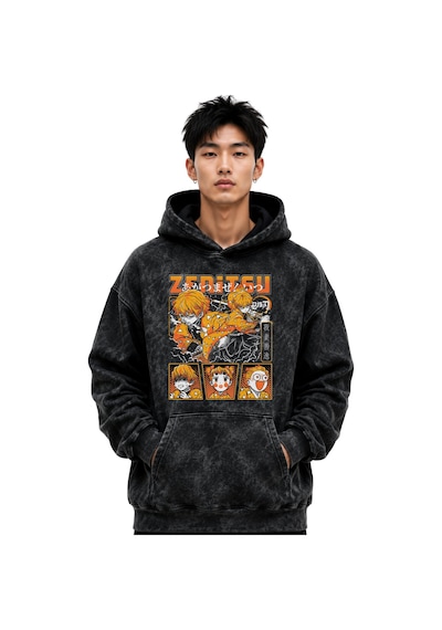 Sevbano Zenitsu Agatsuma Anime Baskılı Unisex Oversize Premium Yıkamalı H Siyah