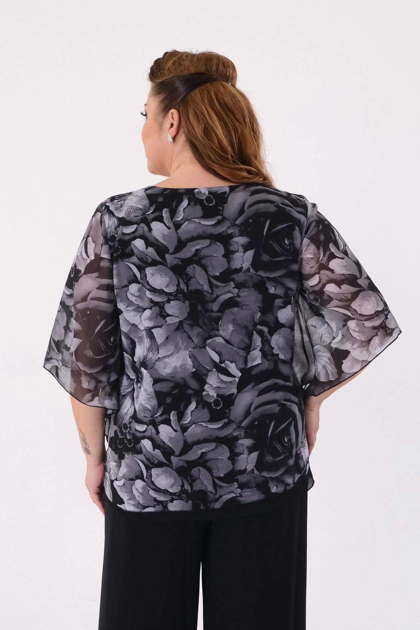 Lilas Xxl Büyük Beden Gri Çiçekli Şifon Abiye Bluz Gri