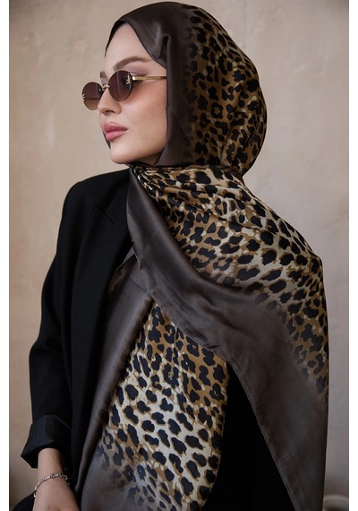 Miorel Scarfs Leopar Desen Vual İpek Şal Fular Silk Scarfs Shawl Hijab Kahve Kenar