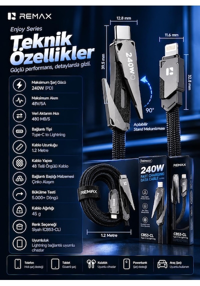 Remax Cb53-cl Enjoy Serisi 30w Pd Type-c To Lightning Telefon Standlı Hızlı Şarj Ve Data Kablosu 1.2 Metre Siyah
