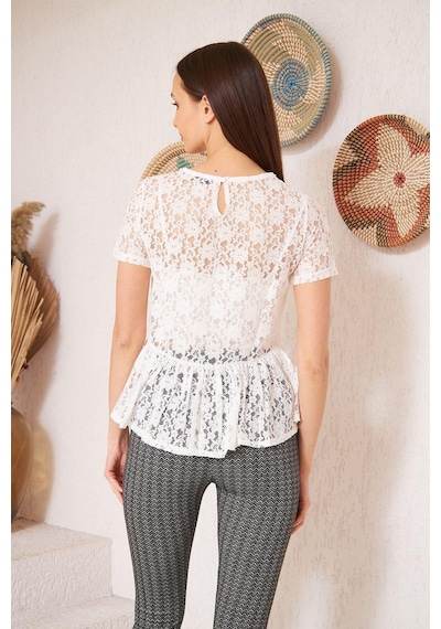 Darlin Moda Beyaz Dantelli Yakası Boncuk Detaylı Astarsız Bluz DM10331 Beyaz