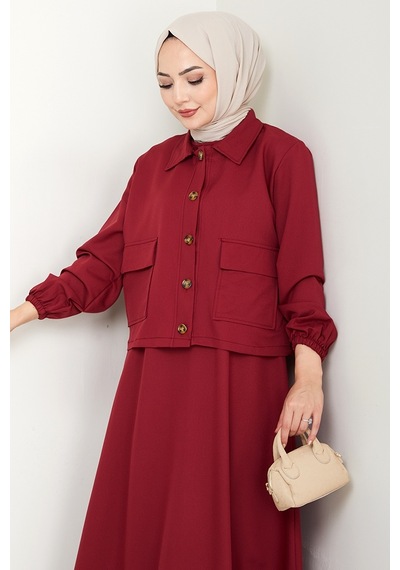 Bestenur Faylin Ceket Elbise İkili Takım 1565 - Bordo Bordo