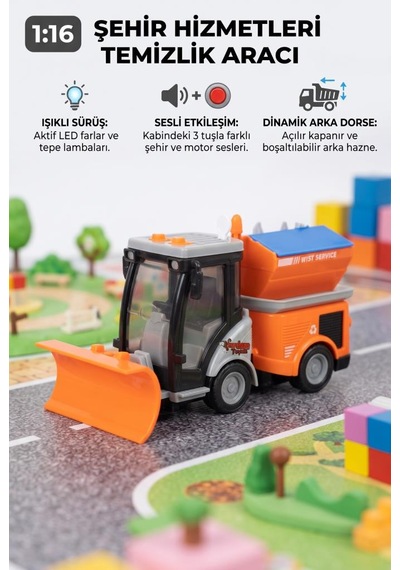 Bucher Kar Küreme Aracı 1:16 Ölçekli 3 Düğmeli Işıklı Ve Sesli Eğlenceli Oyuncak Temizlik Aracı