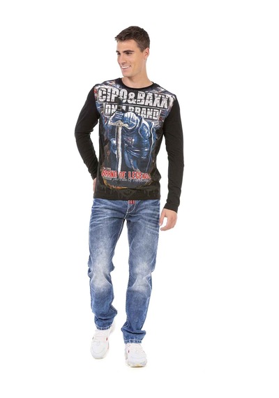 Cipo & Baxx CL452 Taşlı Baskılı Siyah İnce Sweatshirt Siyah