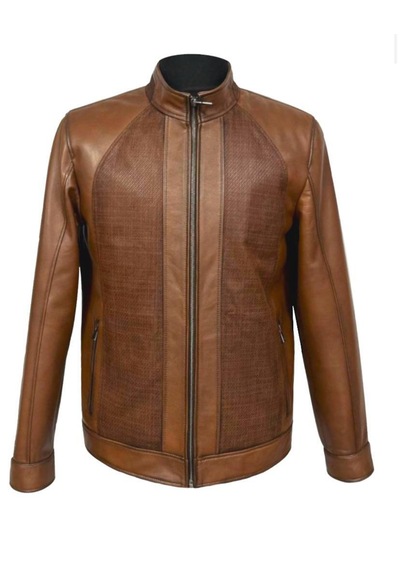 Viamod Leather Erkek Kahverengi Hakim Yaka Modern Tasarım Dokulu Saf Deri Mont 4631 Kahverengi - Taba
