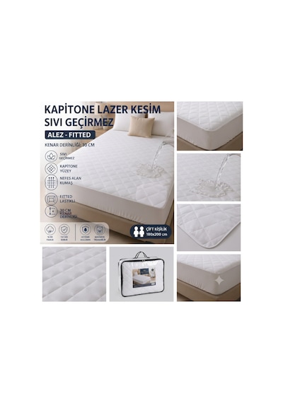 Lazer Kesim Kapitone Sıvı Geçirmez Yatak Alezi Yatak Koruyucu Battal Bot 180x200 Beyaz
