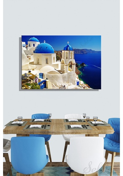 Kanvas Duvar Tablosu Yatay Tekli Salon Mutfak Yatak Odası Ofis Santorini Adası Mavi Kubbeli Kilise