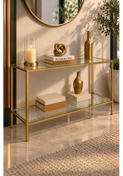 Teknor Şeffaf Camlı Gold Metal Konsol 100 Cm Modern Salon Dresuarı Altın