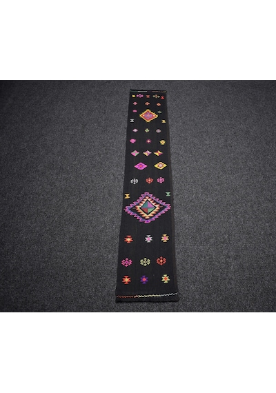 Zehra Abla Halı Yeni El Dokuması Siyah Bardız Erzurum Mini Yolluk Yün Kilim 7461 Çok Renkli